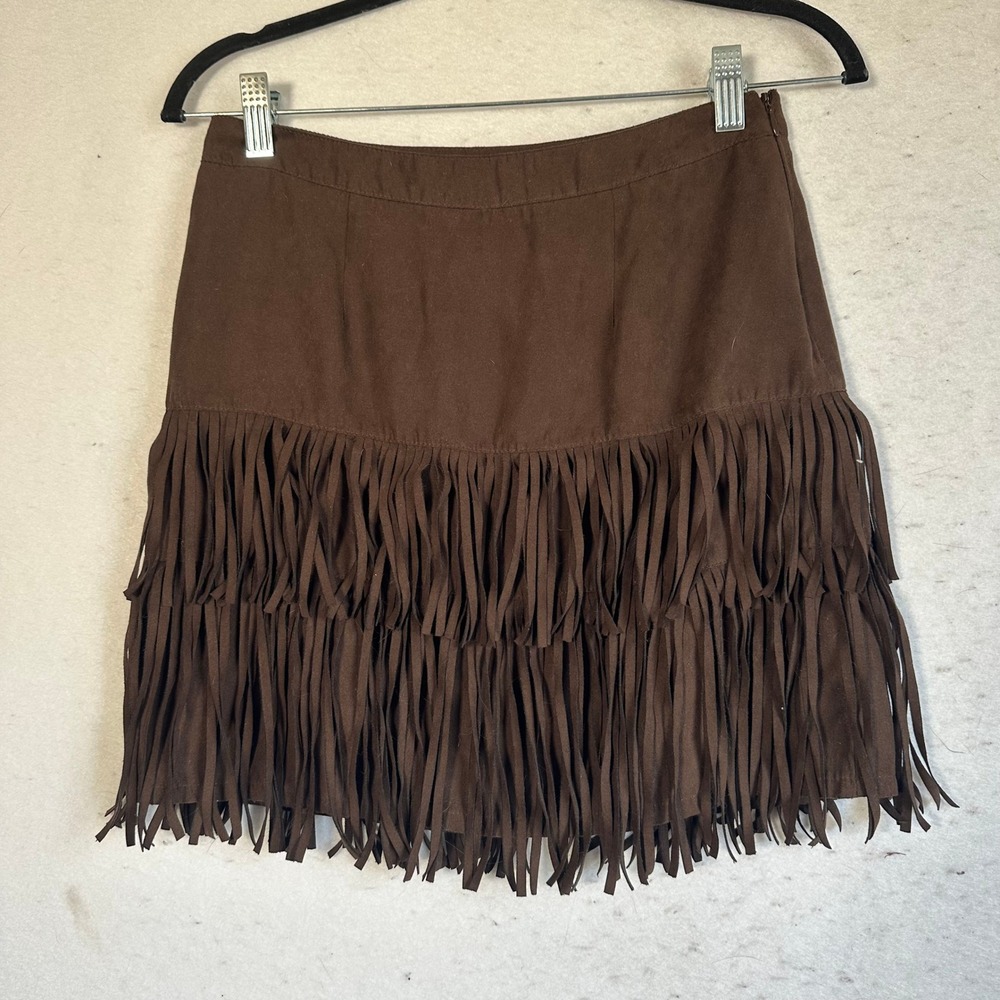 chocolate Brown Faux Suede Fringe Mini Skirt XS Western Tiered Tassel Side Zip